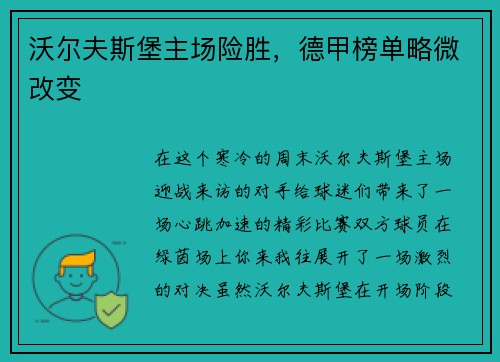 沃尔夫斯堡主场险胜，德甲榜单略微改变